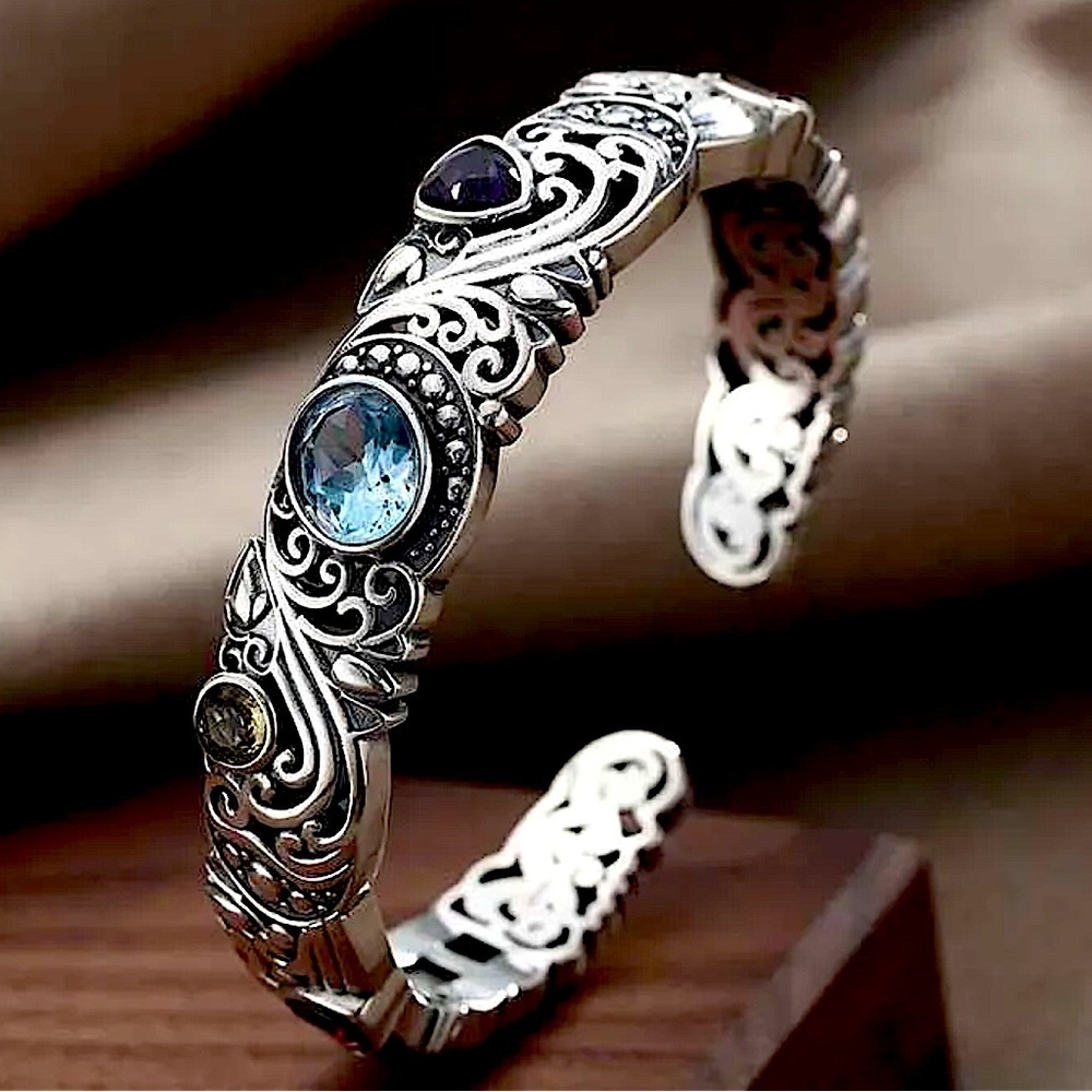Vintage Sterling Silver Bangle, Multicolor Gemstone Engraved Cuff, Elegant